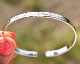 Custom Engraved Bracelet, Sterling Silver 925 Cuff with Your Text, Symbols, Coordinates or Handwriting, Valentine's Day, Gift for Her, Him