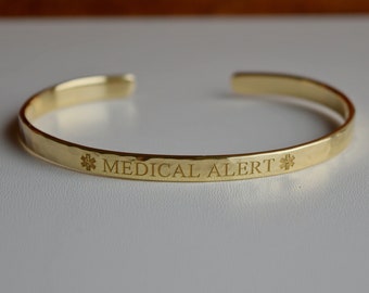 Diabetic Bracelet, Medical 22K Gold Plated Cuff Bracelet, Medical Star of Life Symbol, Medical ID Bracelet, Medical Alert, Diabetes, ICE