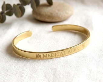 Gold Medical Alert Cuff, Personalized ID Bracelet