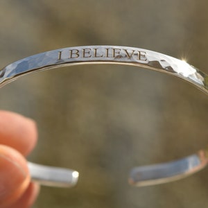 Custom Bracelet Engraved Catholic, Religious, Christian, Sterling Silver 925 Hammered, Faith, Hope, Love, Jesus, WWJD, I Believe Band