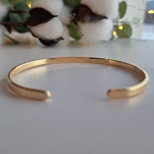 Wedding Personalized Narrow 3mm Engraved Bracelet, 22K Gold Plated Cuff Bracelet, Future Daughter In Law Gift, Sister In Law Bridal Gift