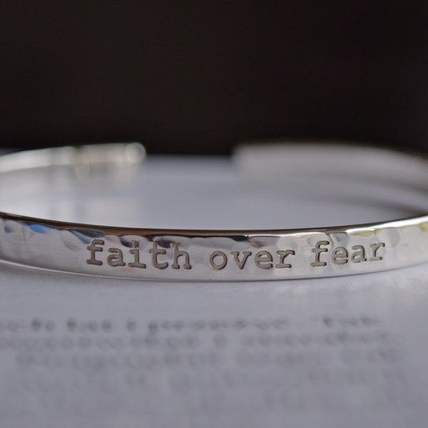 Catholic, Religious, Christian, Sterling Silver 925 Hammered Custom Engraved Bracelet, Faith over Fear, Hope, Jesus, WWJD Bible Quote Bangle