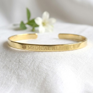 Gold Medical Alert Bracelet, Engraved ID Cuff