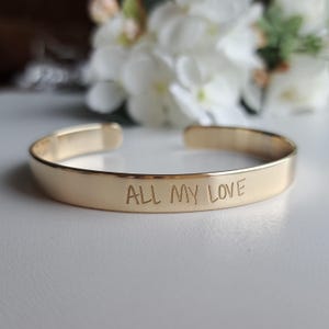 Gold Plated 22K Engraved Bracelet, Quotable Cuff, Engraved Bangle, 0.3&#39;&#39; wide, Bracelet for Bride, Bridesmaid, Wife, Daughter, Mother,Sister