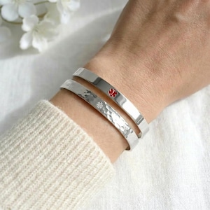 Sterling Silver Medical Alert Bracelet: Engraved Star of Life Cuff, ID Bangle