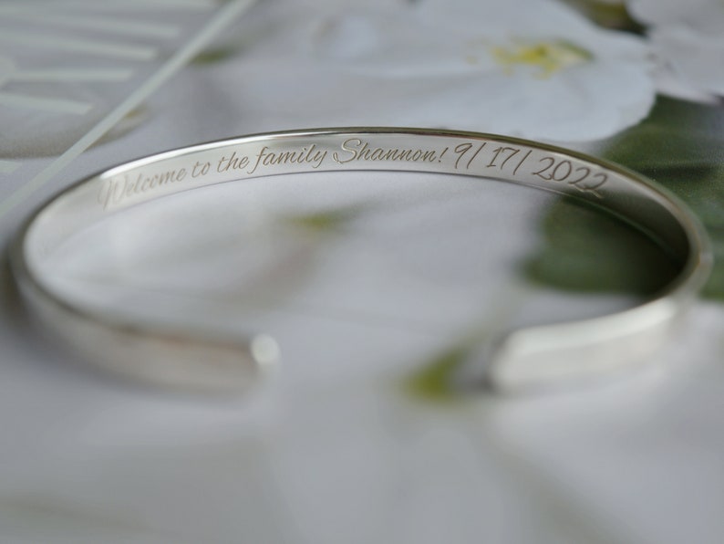 Bracciale in argento sterling 925, messaggio personalizzato, bracciale inciso, bracciale personalizzato per donne, uomini, scrittura a mano, regalo da damigella d'onore immagine 2