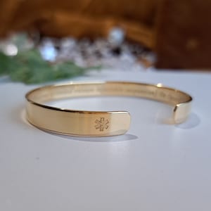 Medical Alert, Star of Life, Emergency, 22K Gold Plated Engraved Bracelet, Medical Cuff, Medical ID Bracelet, Gift for Diabetes, Medications