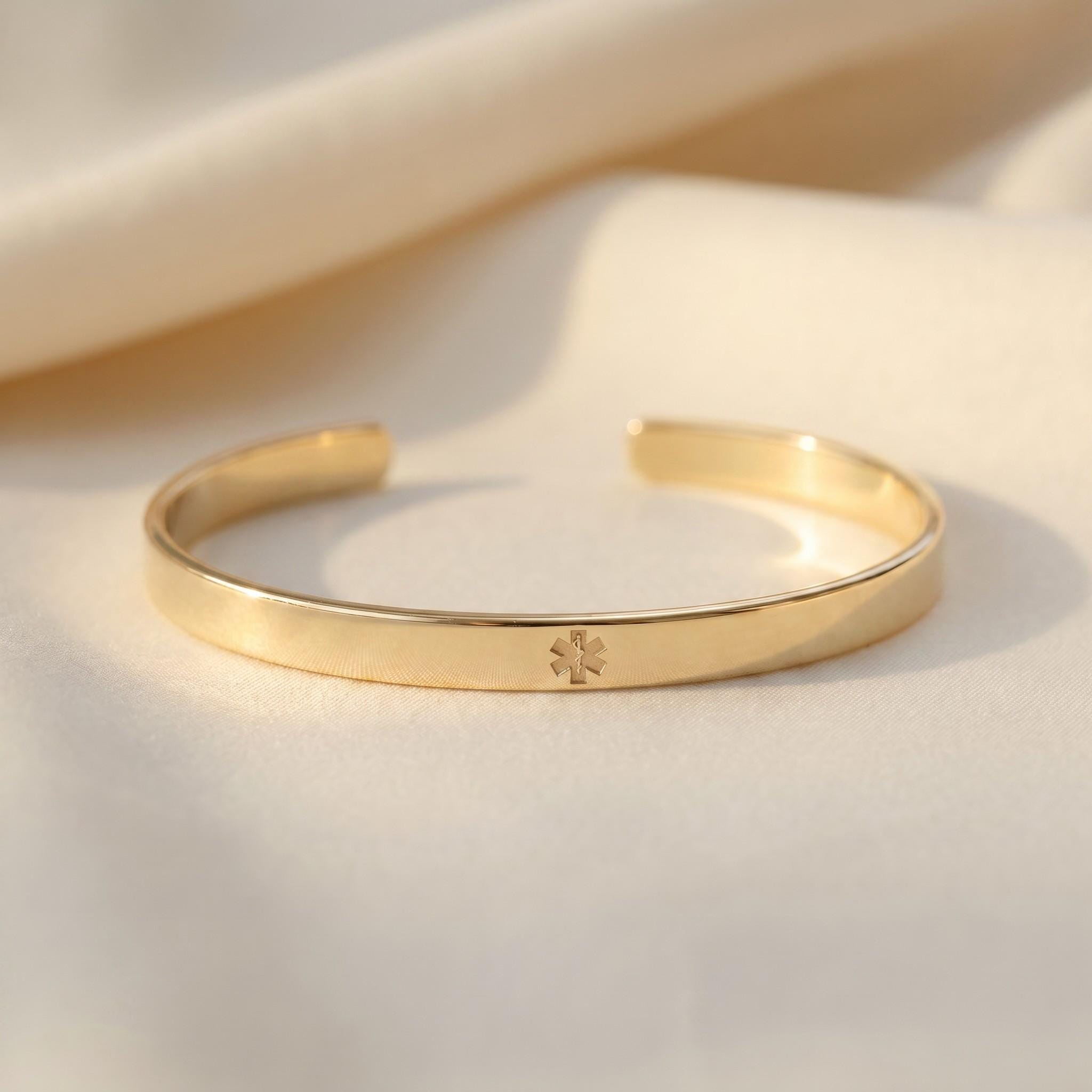 Gold Medical ID Cuff Bracelet, Custom Engraved