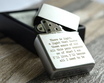 Zippo Lighter, Engraved, Classic Satin Chrome, Brushed, Black With Your Text, Logo, Handwriting, Gift for Him, for Father, Husband, Teacher