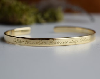 22K Gold Plated Engraved Bracelet, Custom Engraving, Gold Cuff Bracelet, Catholic, Personalized Bracelet, Bridesmaid's Gift, Wedding Present