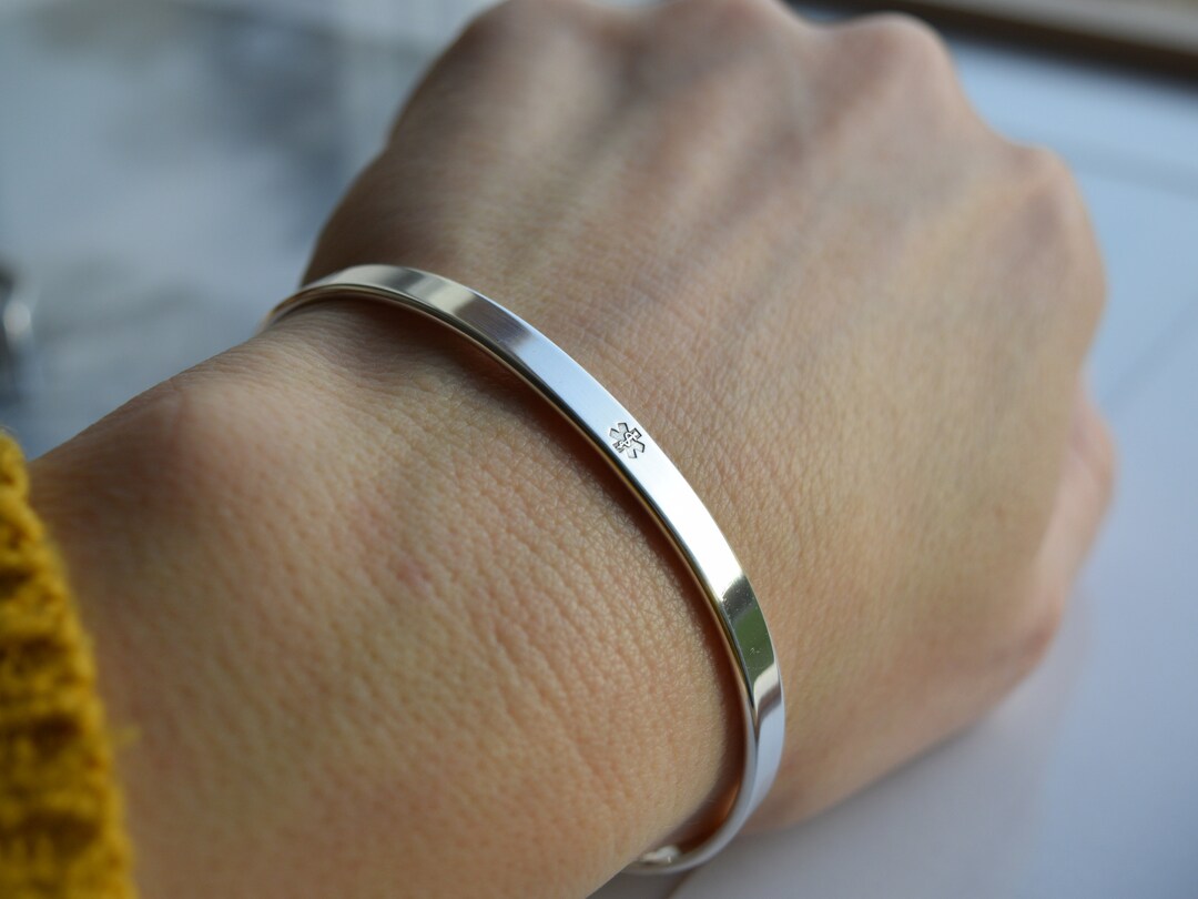 Medical Cuff Bracelet, Hammered or Smooth Sterling Silver 925, Star of Life, Medical ID Bracelet