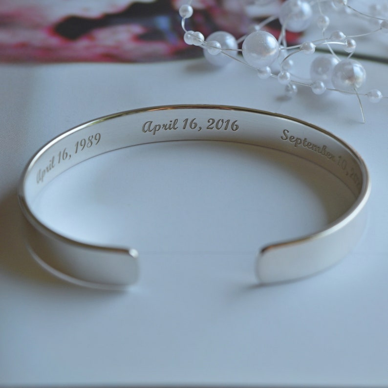 Sterling Silver 925 Custom Bracelet, Coordinates, Graduation Cuff, Engraved Bracelets, Couples, Bracelet for Women Silver, 8mm Silver Cuff image 2