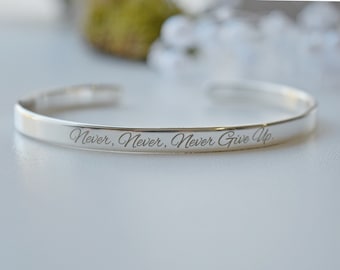 Bracelet en argent pour femme, homme, argent sterling 925, bracelet gravé, citation positive, inspirant, motivation, ne jamais abandonner, encouragement