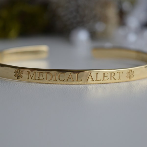 Medical ID Bracelet, Medical Alert, 22K Gold Plated Bracelet, Engraved Medical Cuff, Diabetes, Intolerance, Medicines, Emergency, Allergy
