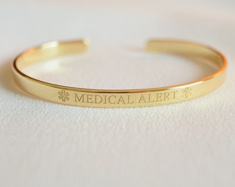 Pulsera de identificación médica, alerta médica, pulsera chapada en oro de 22K, brazalete médico grabado, diabetes, intolerancia, medicamentos, emergencia, alergia