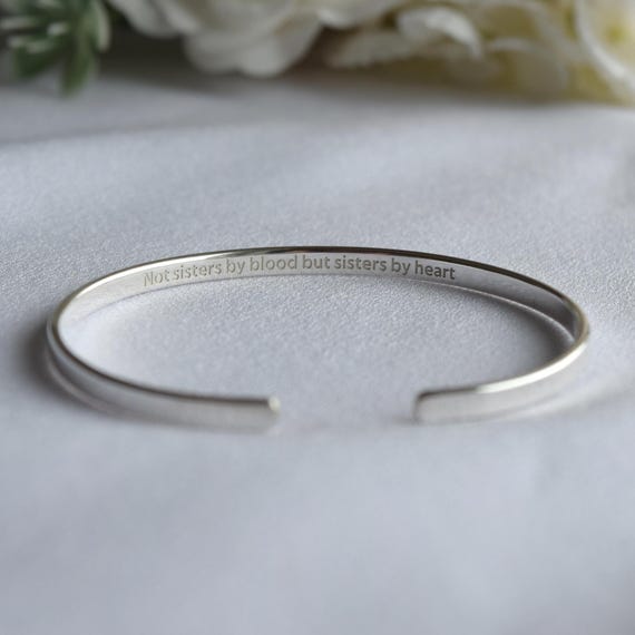 Engraved Sterling Silver Cuff Bracelet: Sisters by Heart, BFF, 3mm Wide