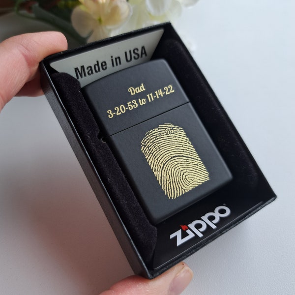 Feuerzeug mit Fingerabdruck Zippo, Männer Feuerzeug, Fingerabdruck Gedenkfeuerzeuge, Echter Druck, Chrom, Schwarz Feuerzeug, Geschenk für Vater,Mann