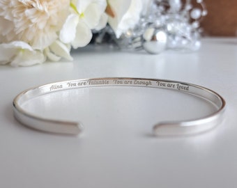 Sterling Silver Bracelet, Personalized Message, Narrow Engraved Bracelet for Women, 925 Cuff Bracelet Men, Engraved Bracelets, Dainty, 3mm,