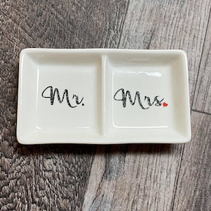 Mr. Mrs. Dual/Double Ceramic Ring Holder Dish Perfect Wedding, Bridal Shower or Gay Couple Gift Customizable image 1