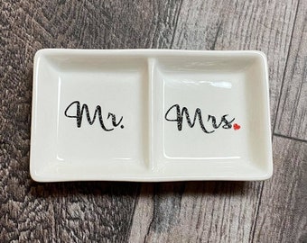 Mr. Mrs. Dual/Double Ceramic Ring Holder Dish - Perfect Wedding, Bridal Shower or Gay Couple Gift!  Customizable!