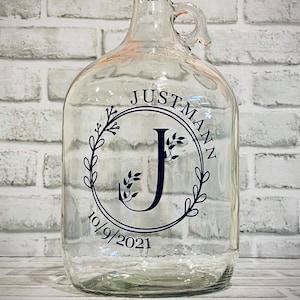 Personalized Floral Wreath Monogram Jar ~ 1 Gallon Glass Jug for Savings/Coins ~ Unique Gift for Wedding, Anniversary, Family Event