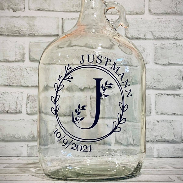 Personalized Floral Wreath Monogram Jar ~ 1 Gallon Glass Jug for Savings/Coins ~ Unique Gift for Wedding, Anniversary, Family Event