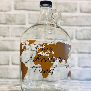 Our Adventure Fund World Map Money Jar Travel Fund 1 Gallon Glass Jug for Bills and Coins Unique Gift for Traveler image 1