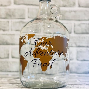 Our Adventure Fund ~ World Map Money Jar Travel Fund - 1 Gallon Glass Jug for Bills and Coins - Unique Gift for Traveler