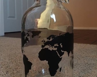 World Map Money Jar Travel Fund - 1/2 Gallon Glass Jug with World Map in Vinyl Unique Gift for man, teenager, traveler, adventure seeker etc