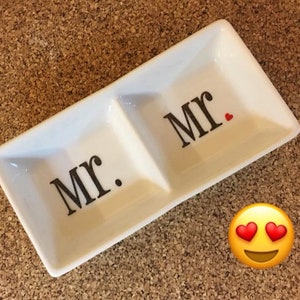 Mr. Mrs. Dual/Double Ceramic Ring Holder Dish Perfect Wedding, Bridal Shower or Gay Couple Gift Customizable image 2