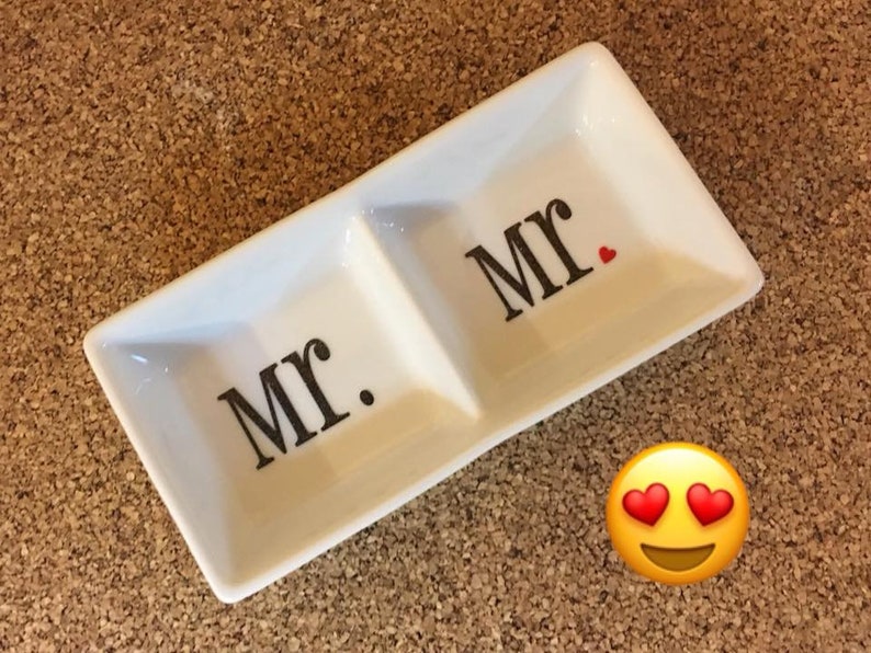 Mr. Mrs. Dual/Double Ceramic Ring Holder Dish Perfect Wedding, Bridal Shower or Gay Couple Gift Customizable image 2