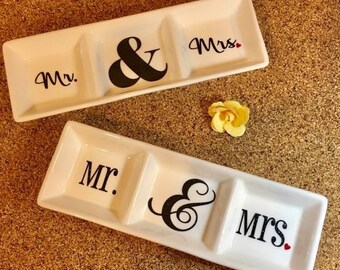 Mr. & Mrs. Triple  Three Compartment Ceramic Ring Holder Dish - Perfect Wedding, Bridal Shower or Bride and Groom/Couples Gift!