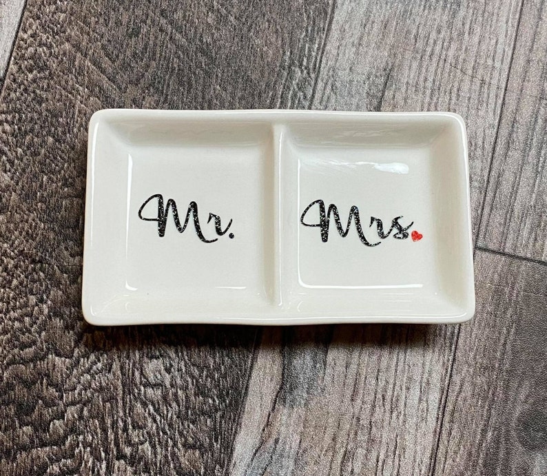 Mr. Mrs. Dual/Double Ceramic Ring Holder Dish Perfect Wedding, Bridal Shower or Gay Couple Gift Customizable image 1