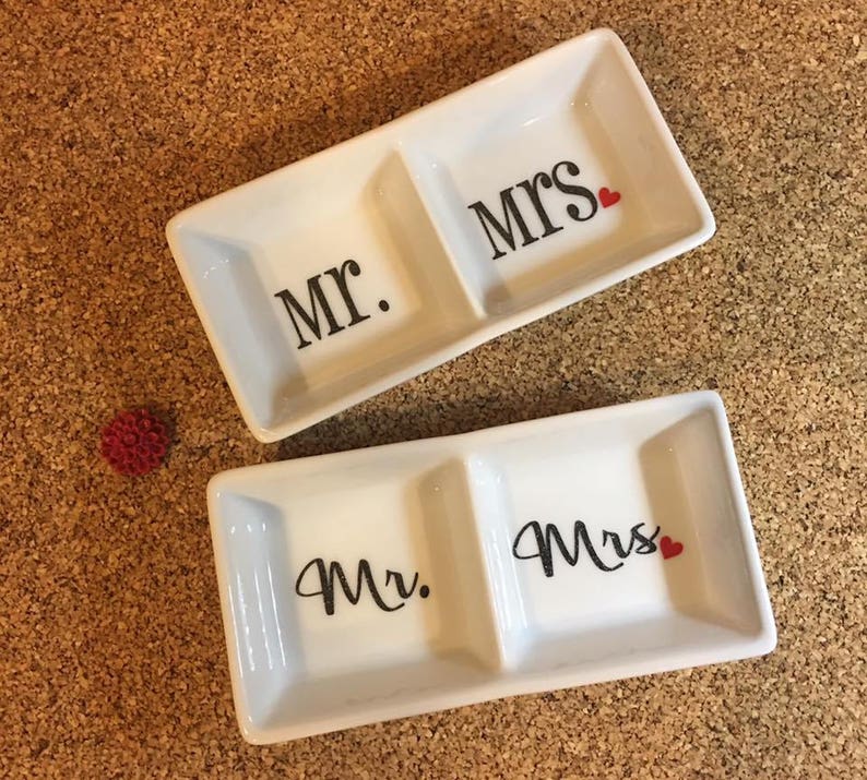 Mr. Mrs. Dual/Double Ceramic Ring Holder Dish Perfect Wedding, Bridal Shower or Gay Couple Gift Customizable image 3