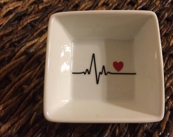 Heartbeat Ring Holder Dish with Heart - Perfect Wedding or Shower Gift, OR gift for a Nurse, Doctor or anyone in the Medical Field!