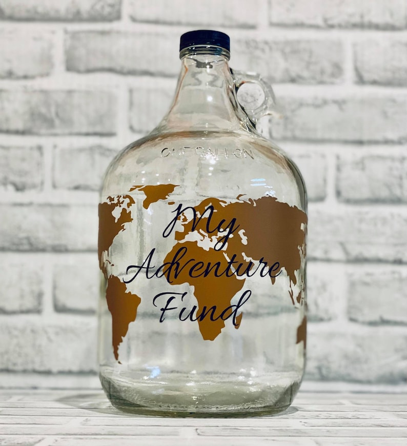 Our Adventure Fund World Map Money Jar Travel Fund 1 Gallon Glass Jug for Bills and Coins Unique Gift for Traveler image 2