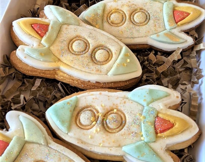 To the Moon and Back! Space Rocket Fathers Day Biscuit Box, Personalised Gift - Vegan Available