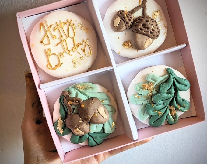 Personalised Hand Iced Little Acorn and Oak Leaves Letterbox Biscuit Gift - Vegan Available