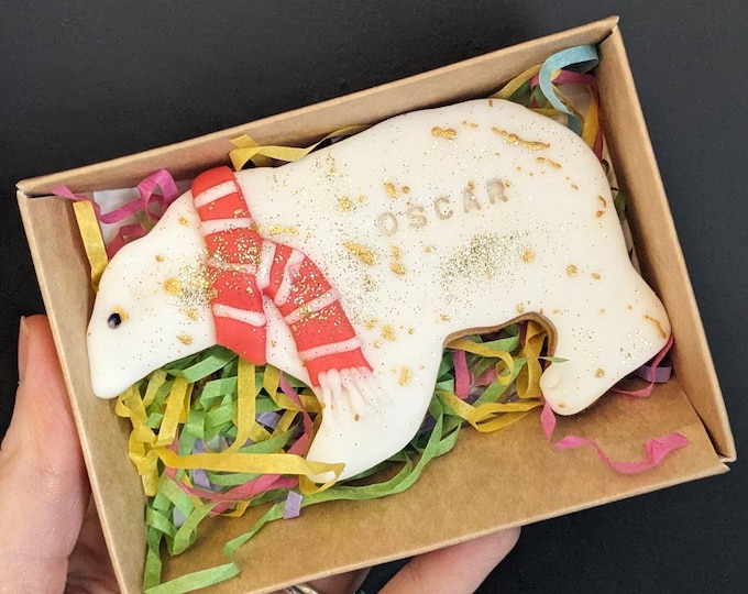 Personalised Polar Bear Hand Iced Biscuit, Christmas Biscuit Gift, Stocking Filler - Vegan Available
