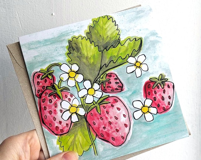 Stawberry Flower Greetings Card with Wild Flower Seeds  - Blank Card - Greetings Cards For Mum