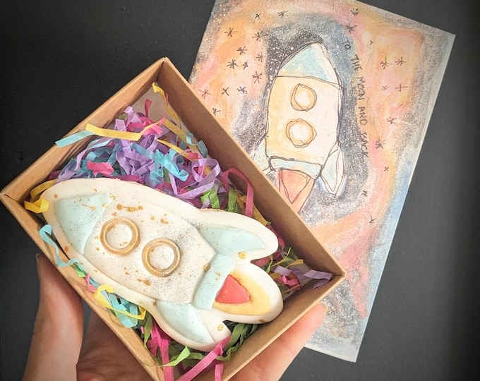 Fathers Day Gift:  To the Moon and Back Hand Iced Rocket Biscuit and Card Gift Bundle - Vegan Available
