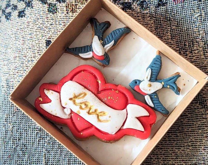 Hand Iced Love Heart & Swallows Tattoo Biscuit Gift Box - Personalized, Vegan Option