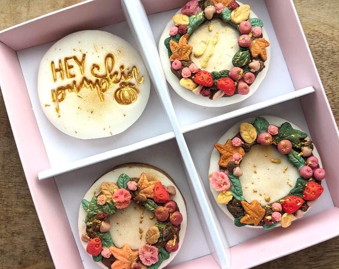 Personalised Hand Iced Autumn Wreath Postal Biscuit Gift Box - Vegan Available