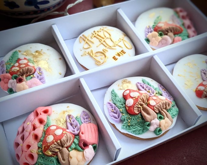 Personalised Hand Iced Fairy Toadstool Biscuit Gift Box - Vegan Available