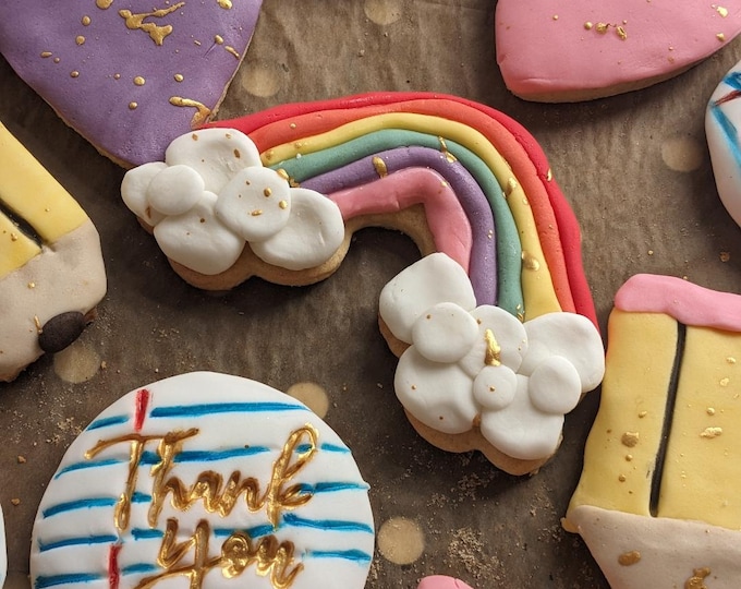 Personalised Thank you Teacher Hand Iced Rainbow Biscuit Gift Box
