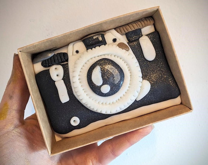 Fathers Day Retro Camera Mini Biscuits Slab, Hand Iced Letterbox Postal Biscuit, Personalised Gift For Dad - Vegan Available