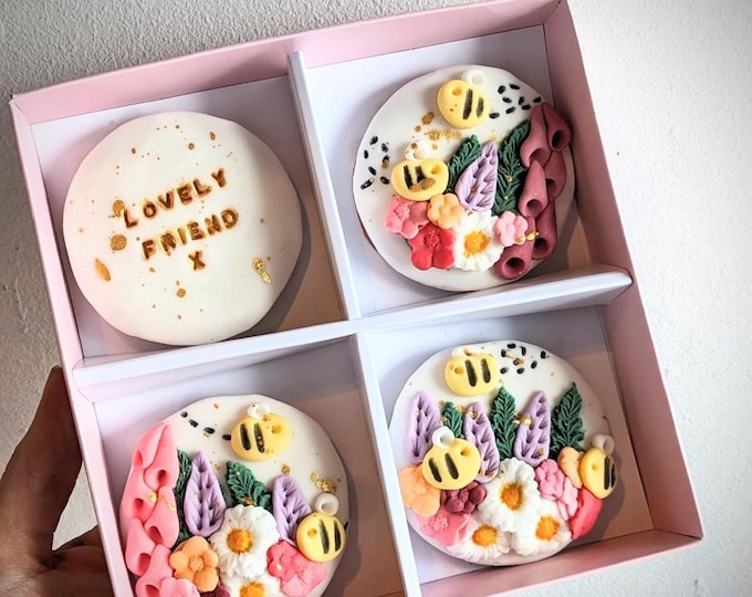 Hand Iced Flowers and Bee Biscuits: Wildflower Birthday Gift for her - Vegan Available