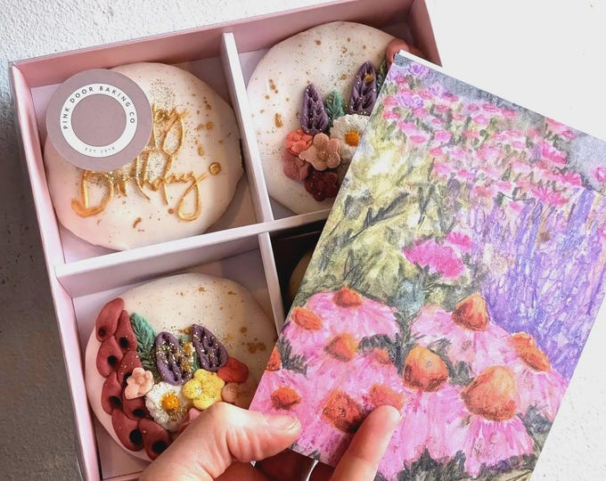 Personalised Wildflower Biscuit Gift Box and Greetings Card: Hand-Iced Birthday Biscuits,Thank you Teacher Gift (Vegan Available)