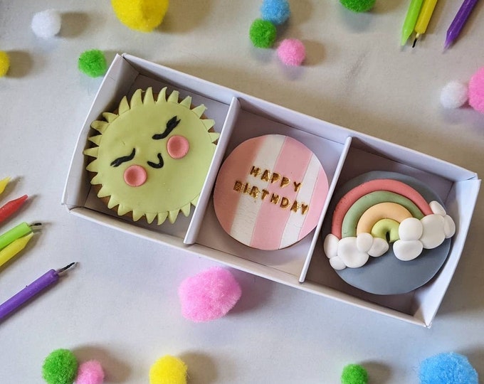 Sunshine and Rainbows Hand Iced Postal Biscuit Gift Box, Personalised Gift - Vegan Available