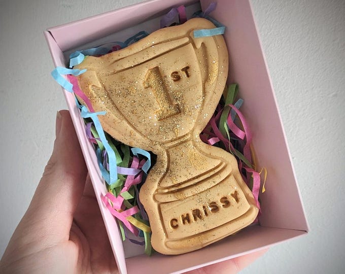 Personalised Trophie Hand Iced Biscuit, Postal Biscuit Gift, Fathers Day Trophie Gift- Vegan Available